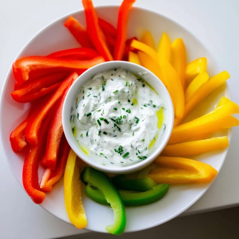 Fresh bell pepper strips with a cool, creamy Greek yogurt dip, ready for dipping on the platter.