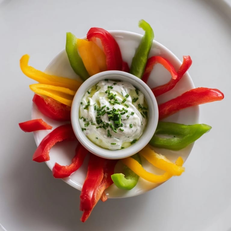 Crisp bell pepper strips arranged for a nutritious snack, served alongside seasoned Greek yogurt.