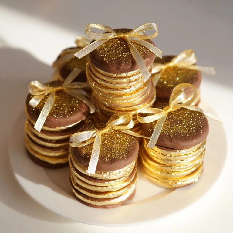 Shimmering gold chocolate coin stacks, a sweet and simple dessert perfect for sharing with guests.