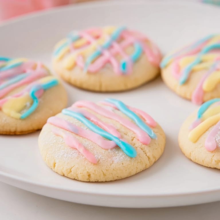 Freshly baked sugar cookies with a delightful icing drizzle, ready to brighten any dessert table.