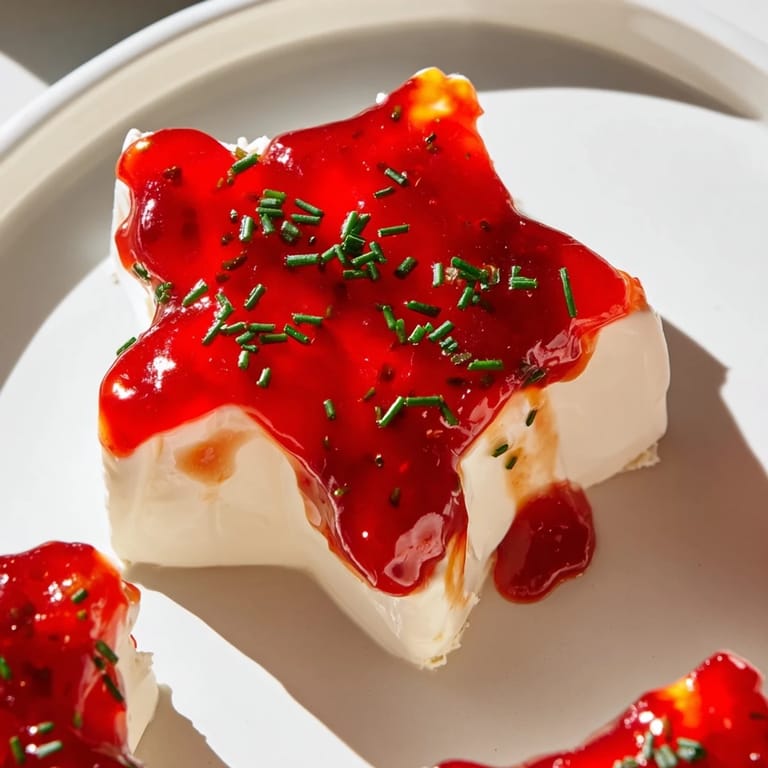 Tangy cream cheese star appetizer topped with vibrant red pepper jelly, perfect party food for sharing.