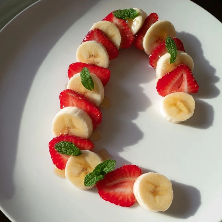 Bright red strawberries and creamy banana slices create this easy Banana Strawberry Candy Cane treat.