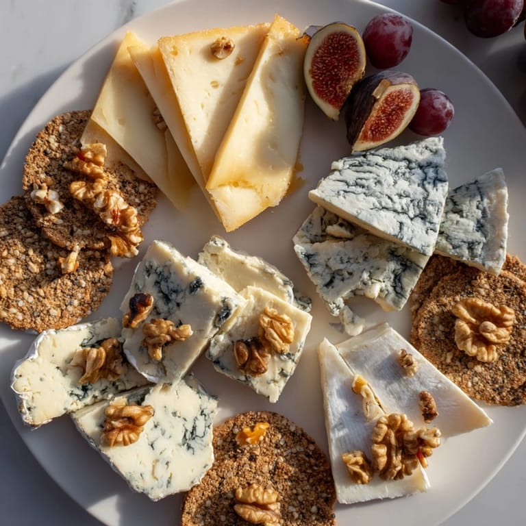 Elegant cheese board of The Blue Ridge Mountains with honey-drizzled blue cheeses, ready to serve with crackers.