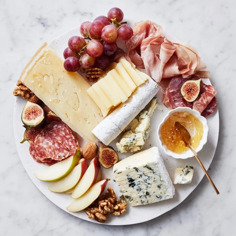 This enticing wine pairing board features an array of cheeses, crackers, and fruits ready to be enjoyed.