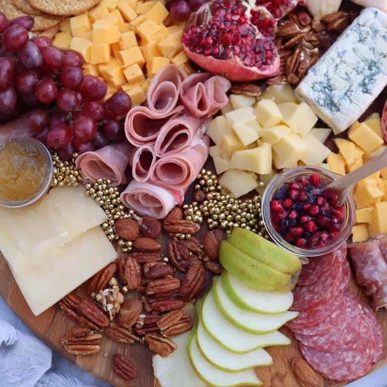 A beautifully arranged Shining Bright Christmas 2025 Board overflowing with textures and flavors for a holiday feast.