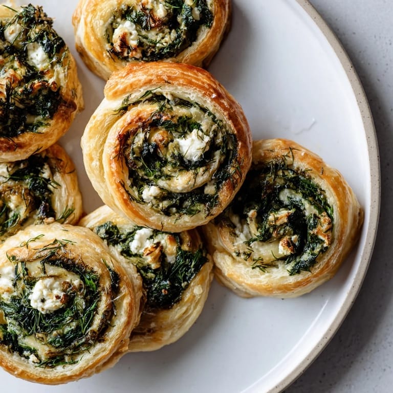 Enjoy these flavorful Savory Spinach Feta Pinwheel Spirals, beautifully golden-brown, a savory snack with a delicious, flaky texture.