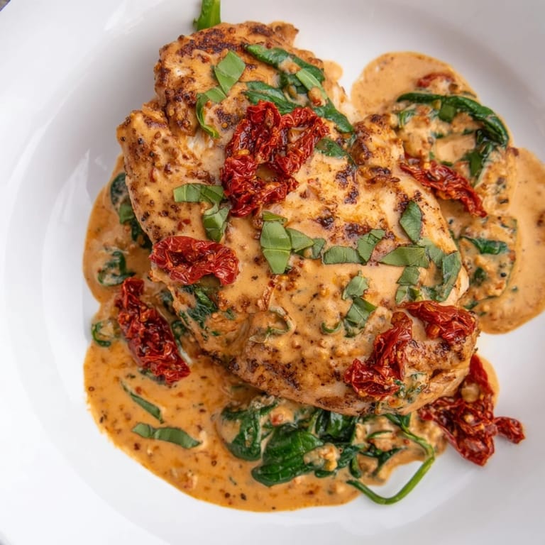 Succulent chicken breasts in the Creamy Sun-Dried Tomato Chicken Skillet, served alongside a vibrant green spinach.