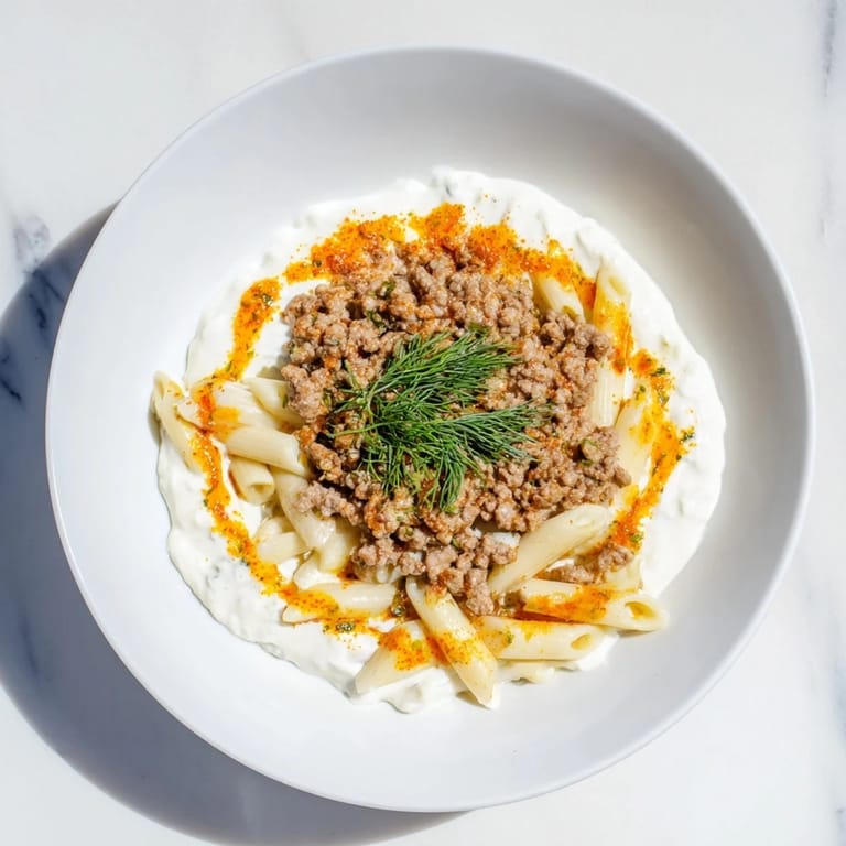 Creamy yogurt sauce blankets the flavorful Turkish Pasta with Ground Turkey in this inviting image.