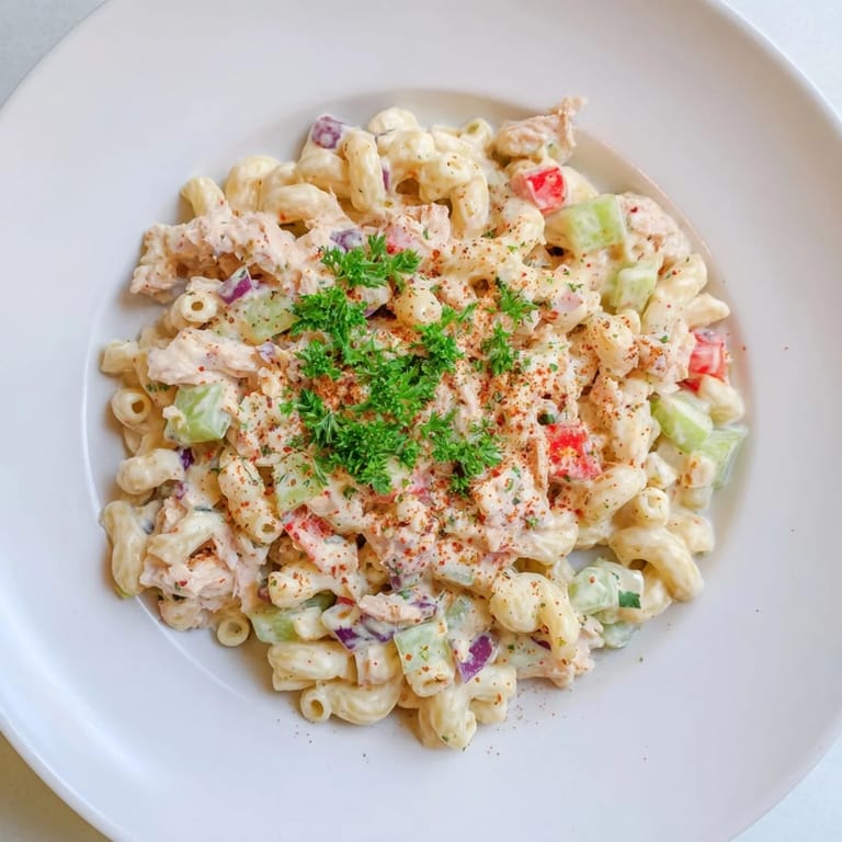 Close-up photo of Chicken Macaroni Holiday Salad, a Southern potluck favorite, ready to serve cold.