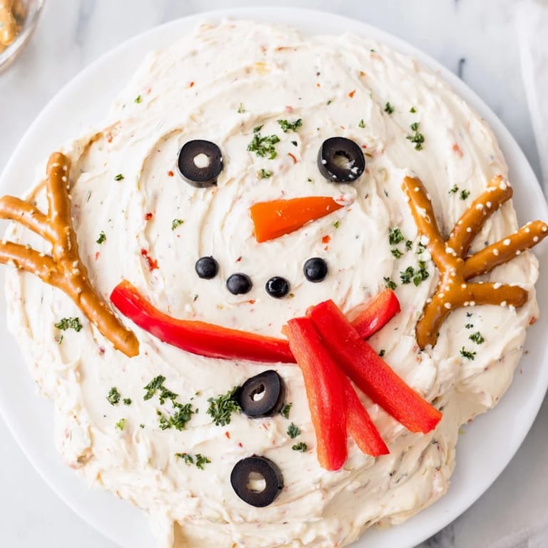 Creamy, smooth Melted Snowman Dip, artfully arranged with red pepper scarves and pretzel arms.