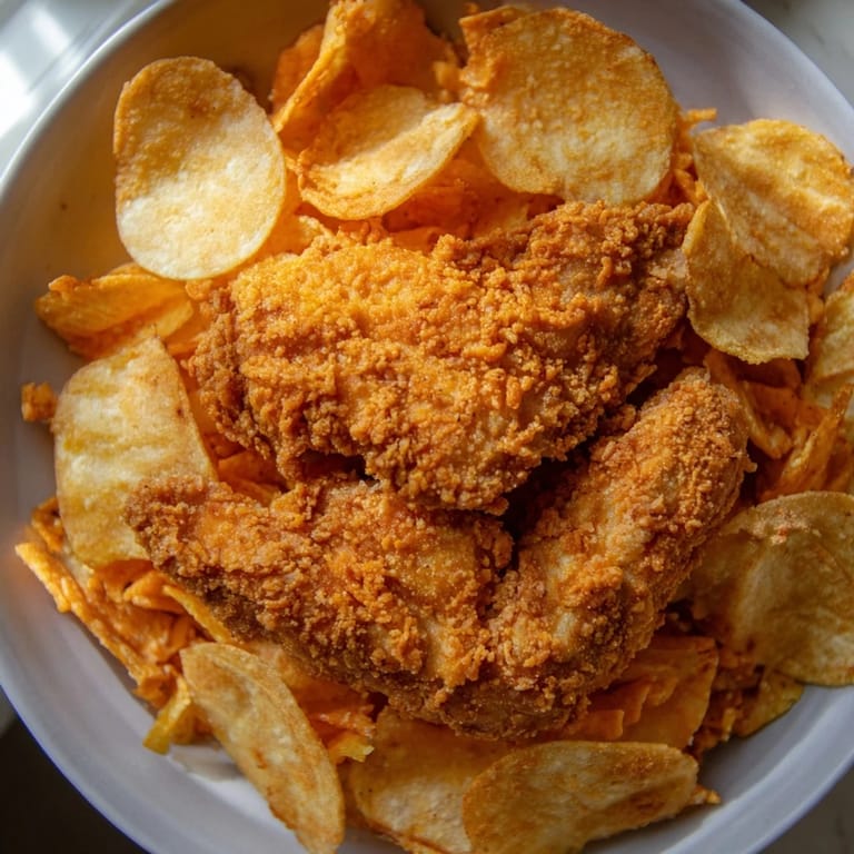 Homemade Crispy Onion Chip Chicken Tenders, a family favorite, coated in crunchy chip crumbs.
