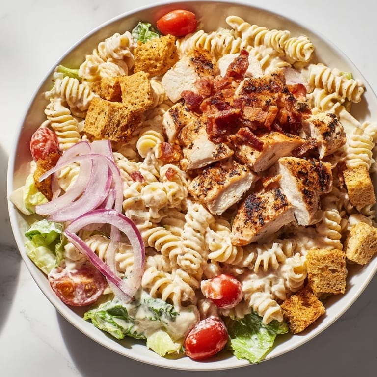 A closeup of this Chicken Caesar Pasta Salad reveals perfectly seasoned chicken and crunchy croutons in the creamy dressing.