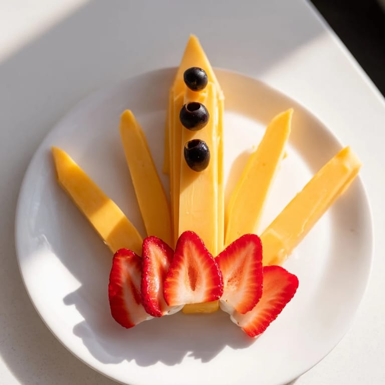 Whimsical Retro Rocket appetizer, with strawberry flames and cheesy rocket body, perfect for kids.