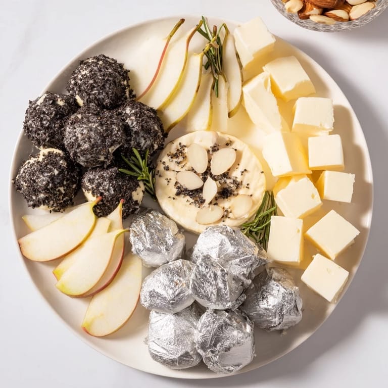 A visually stunning The Silver Screen cheese board, perfect for movie night with truffle cheeses and grapes.