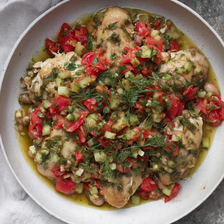 A bright bowl of Dense Bean Salad with Lemon-Dill Chicken, drizzled with fragrant lemon dressing.