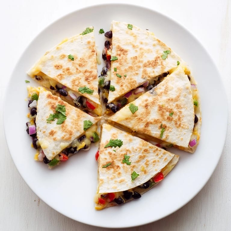 A close-up of a delicious, cheesy Black Bean Quesadilla, cut into wedges, steaming and flavorful.