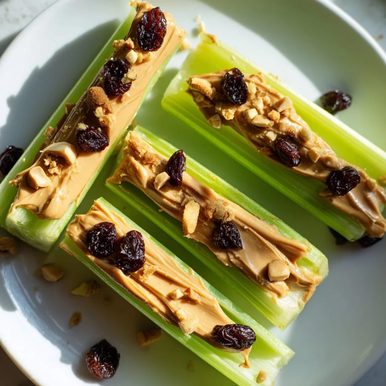 A close-up of Peanut Butter Celery Sticks: the perfect, naturally sweet and savory bite, ready to eat.