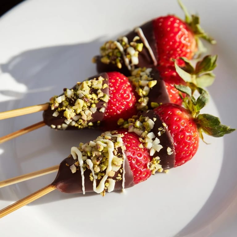 Fresh strawberries, perfectly dipped in dark chocolate, create delicious chocolate-dipped strawberry skewers.