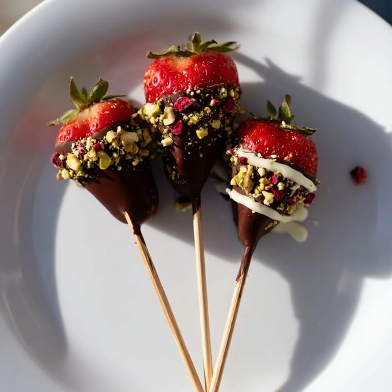 Get ready for these irresistible chocolate-dipped strawberry skewers, garnished beautifully with pistachios.