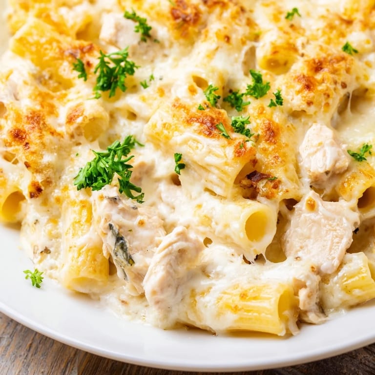 Cheesy, baked Chicken Alfredo Bake, a comforting casserole with golden, melted mozzarella.