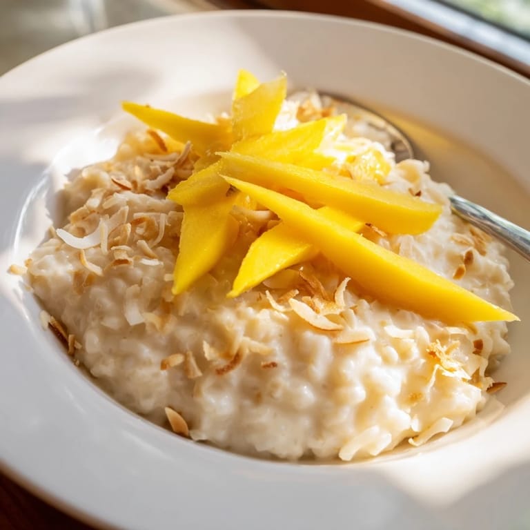 Close-up of bubbling Toasted Coconut Rice Pudding, showcasing the creamy texture and toasted coconut.