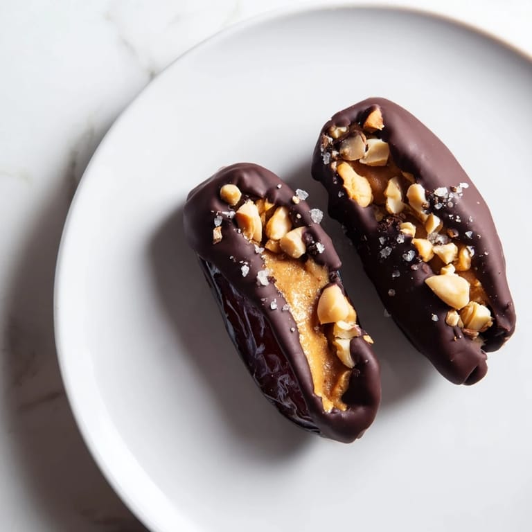 Dark chocolate-covered Chocolate Date Snickers look decadent, with flaky sea salt sprinkled for a treat.