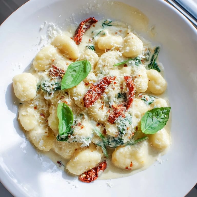 Golden-hued Creamy Tuscan Gnocchi with wilted spinach; a delicious, easy Italian dinner ready in minutes.