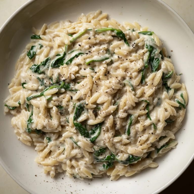 This visually appealing Creamy Spinach Orzo features a creamy sauce and is perfect for a quick dinner.