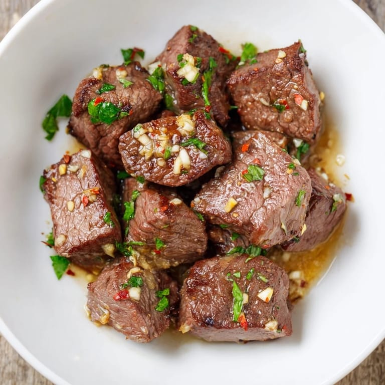A close-up view of perfectly seared Garlic Butter Steak Bites, ideal for pairing with crusty bread.