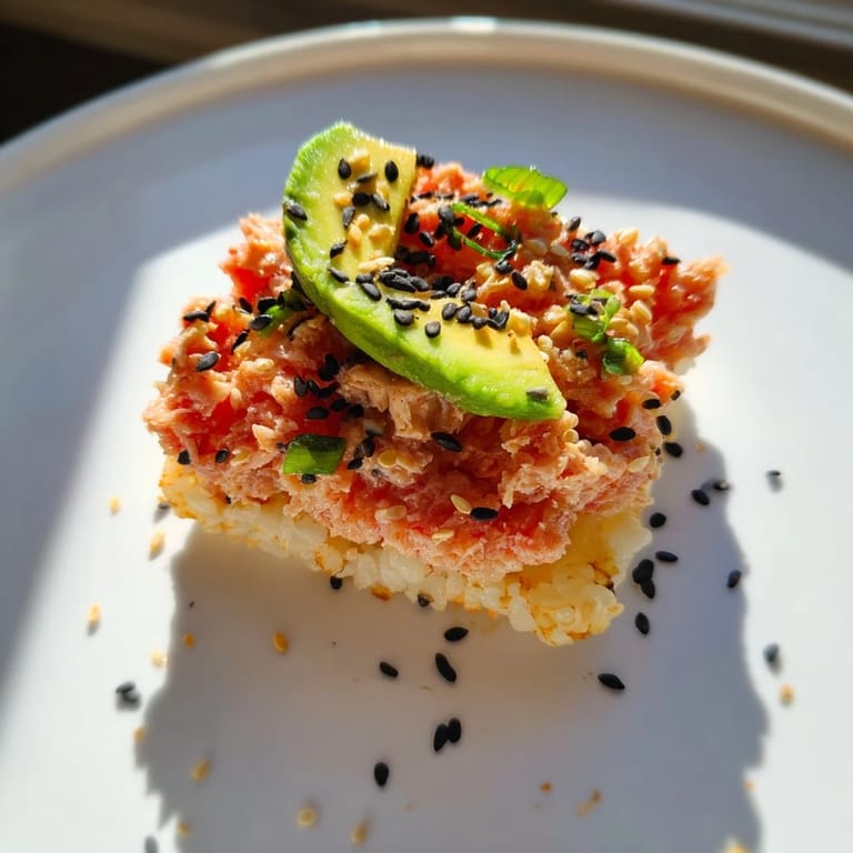 A close-up view of Spicy Tuna Crispy Rice appetizers: perfectly fried rice with flavorful tuna.