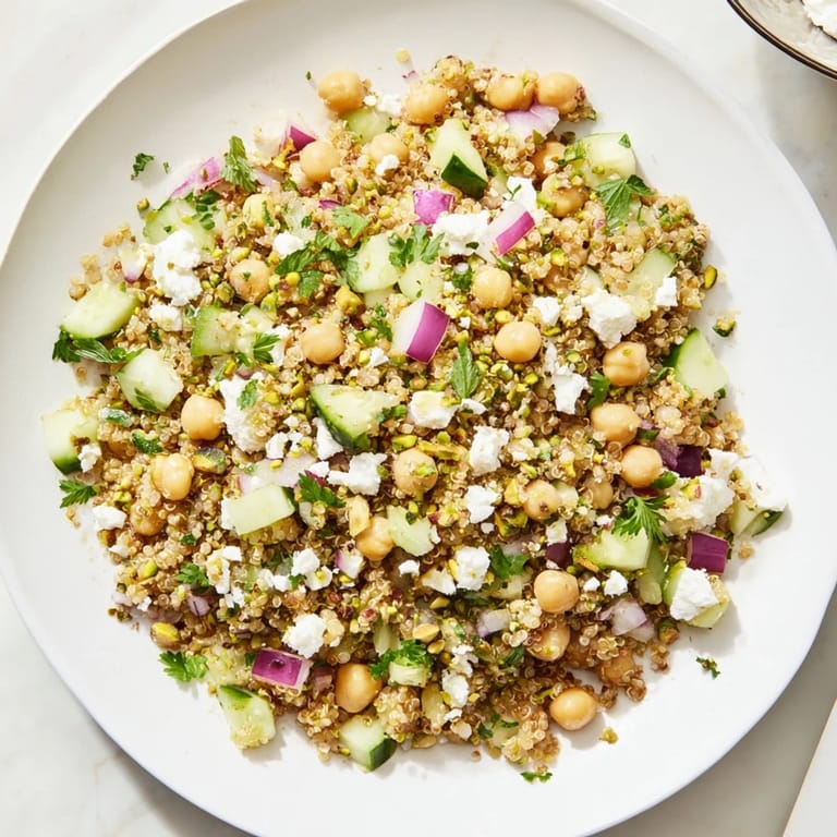 Bright Jennifer Aniston Salad with creamy feta, crunchy cucumber, and pistachios, making a flavorful entrée.