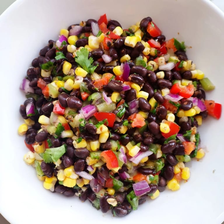 Close-up of a flavorful Cowboy Caviar Salad, perfect with tortilla chips, made easy and quick.