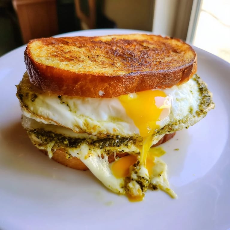 Buttery, toasted sourdough: The delicious Pesto Egg Grilled Cheese sandwich ready to serve with a knife.