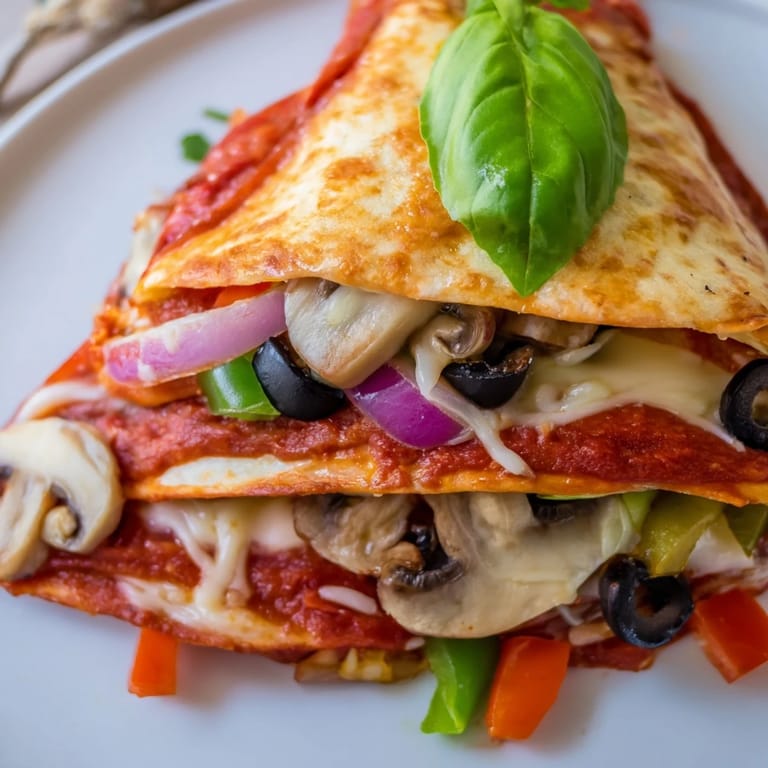 Golden-brown Tortilla Pizza Wrap filled with melted mozzarella, pepperoni, and fresh basil, so delicious!
