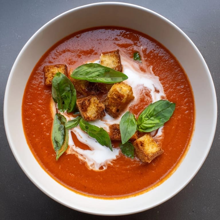 Imagine a warm, vegetarian Creamy Roasted Garlic Tomato Soup, perfect for a cozy, delicious meal.