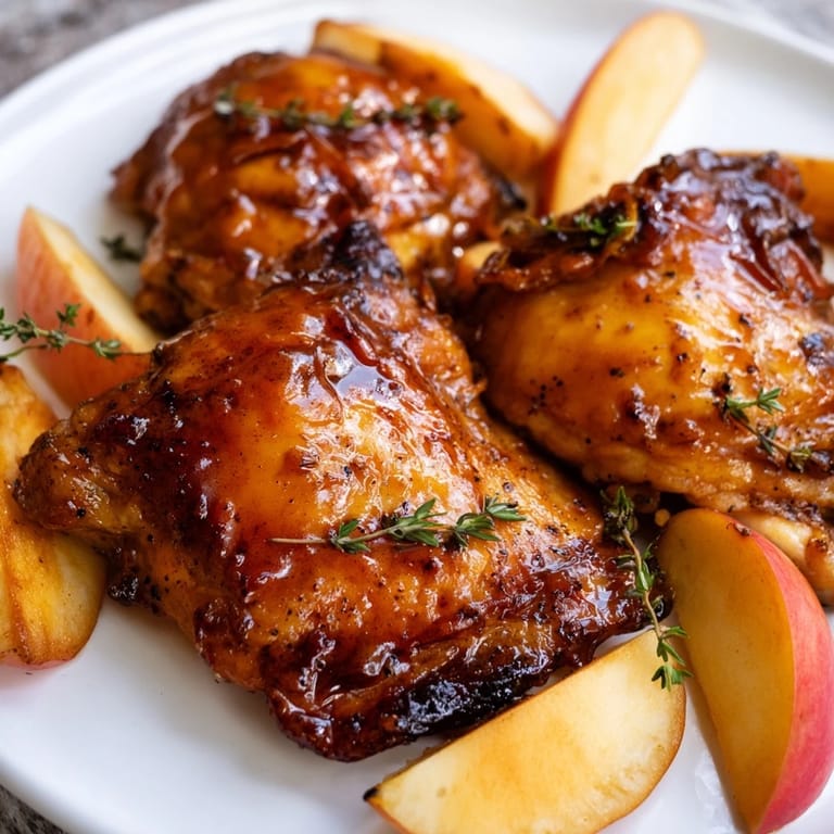 Close-up of baked Sticky Maple Apple Chicken with caramelized skin, accompanied by juicy apple wedges.