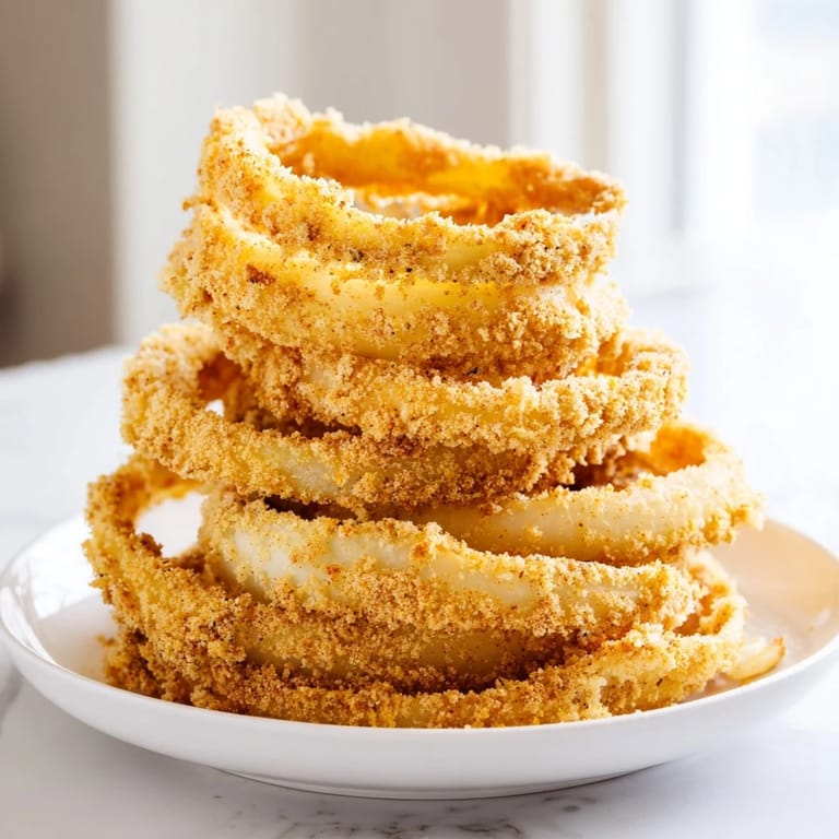 Golden and crunchy Crispy Onion Ring Tower, stacked high and ready to enjoy with savory dips.