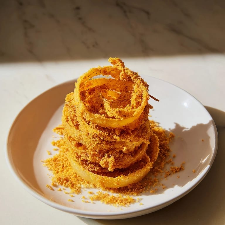 Close-up view of the perfectly fried Crispy Onion Ring Tower, a stunning vegetarian appetizer.