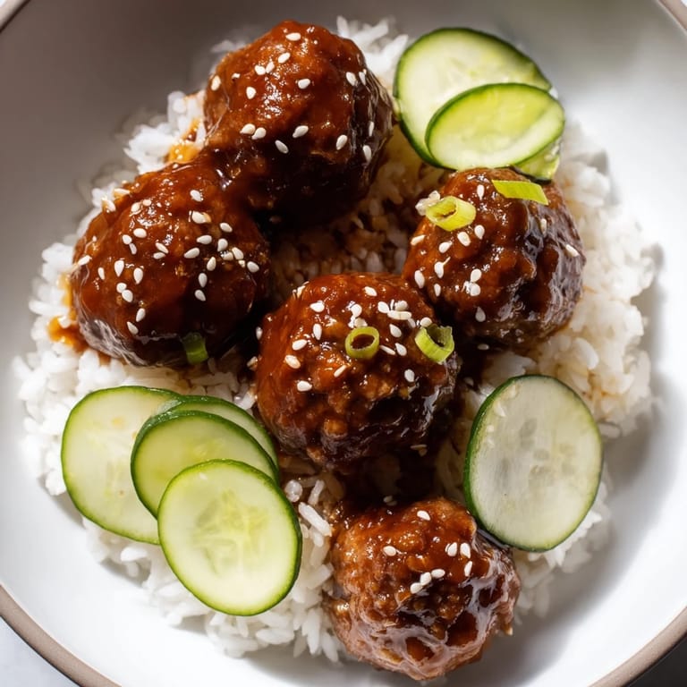 Close-up of delicious teriyaki meatball bowls: tender meatballs nestled on fluffy rice, cucumber slices alongside.