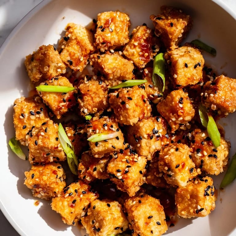 Savory and flavorful Honey Sriracha Tofu Nuggets, ideal snack with a sweet and spicy glaze.