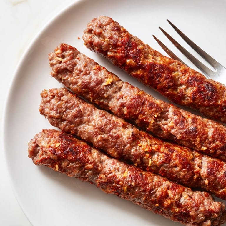 Close-up of juicy Romanian mici, showing a crispy crust and seasoned interior perfect for a savory meal.