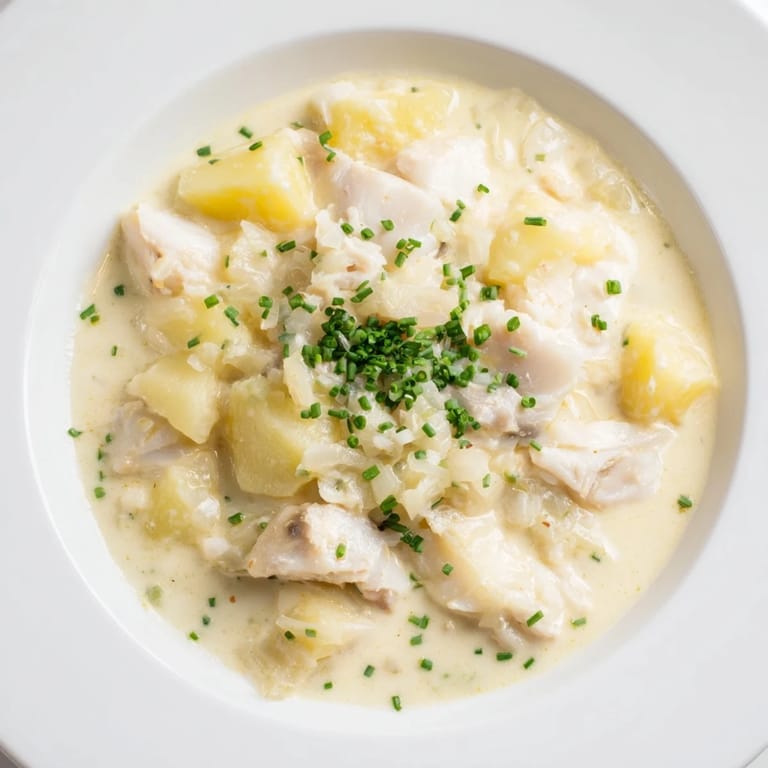 Close-up of hearty Icelandic Fish Stew, highlighting the soft fish, potatoes, and milky broth.