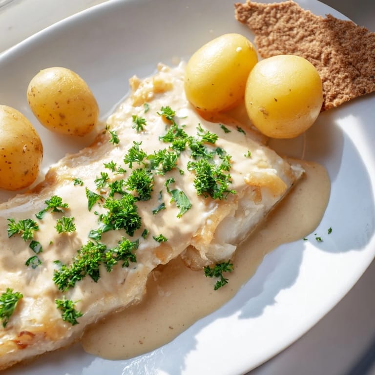 Golden-brown Norwegian Lutefisk with a rich, mustard sauce; imagine tender fish alongside potatoes.