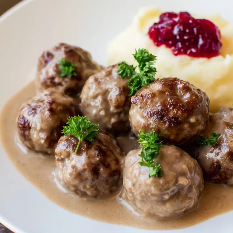 A close-up of browned Swedish Meatballs simmering gently in a flavorful, creamy sauce on the stove.