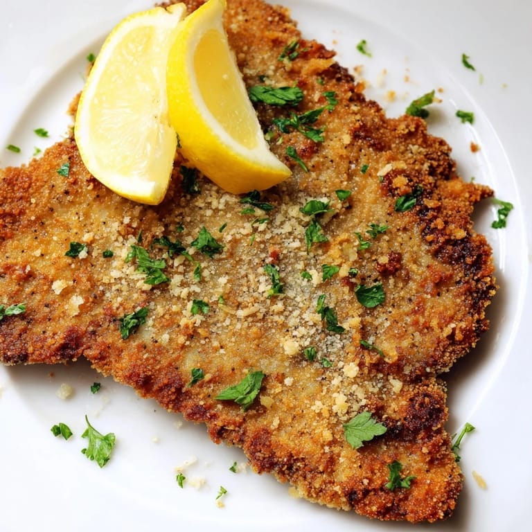 Perfectly fried German schnitzel with a crunchy breadcrumb crust, sizzling in hot oil and ready for dinner.