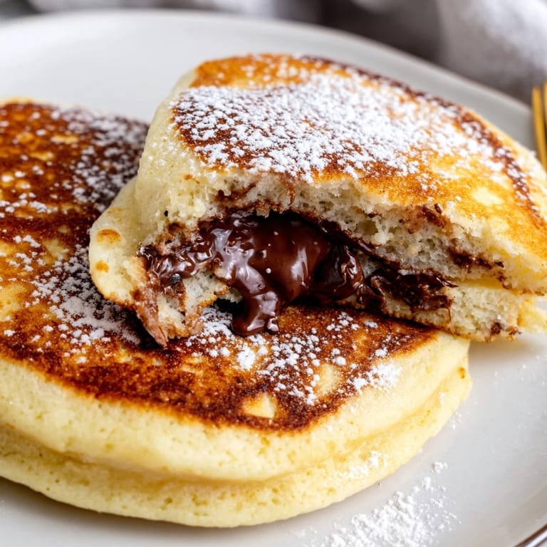 Steaming fluffy Nutella Stuffed Pancakes reveal a melted chocolate hazelnut center, perfect for a cozy brunch treat.