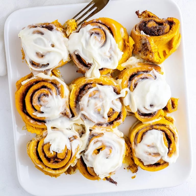 A close-up of soft, pillowy Pumpkin Cinnamon Rolls showcasing the warm pumpkin spice filling and creamy frosting topping.