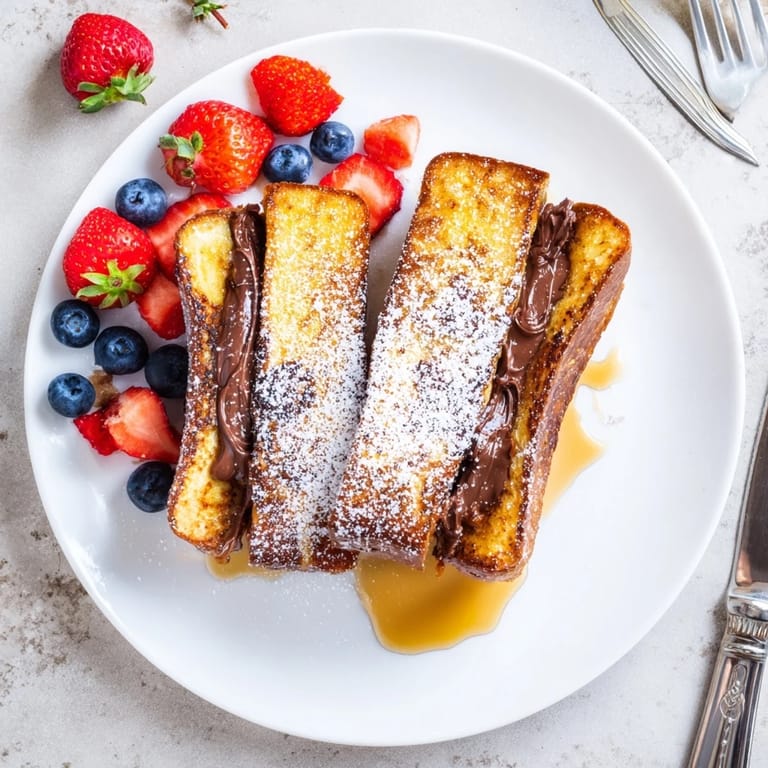 Freshly cooked Nutella Brioche French toast with crispy edges, ripe strawberries, and a dusting of powdered sugar on a rustic wooden table.