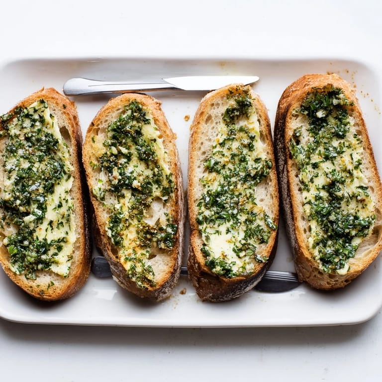 Fresh Herb Butter Toast served beside a bowl of tomato soup, perfect for an easy appetizer or snack.