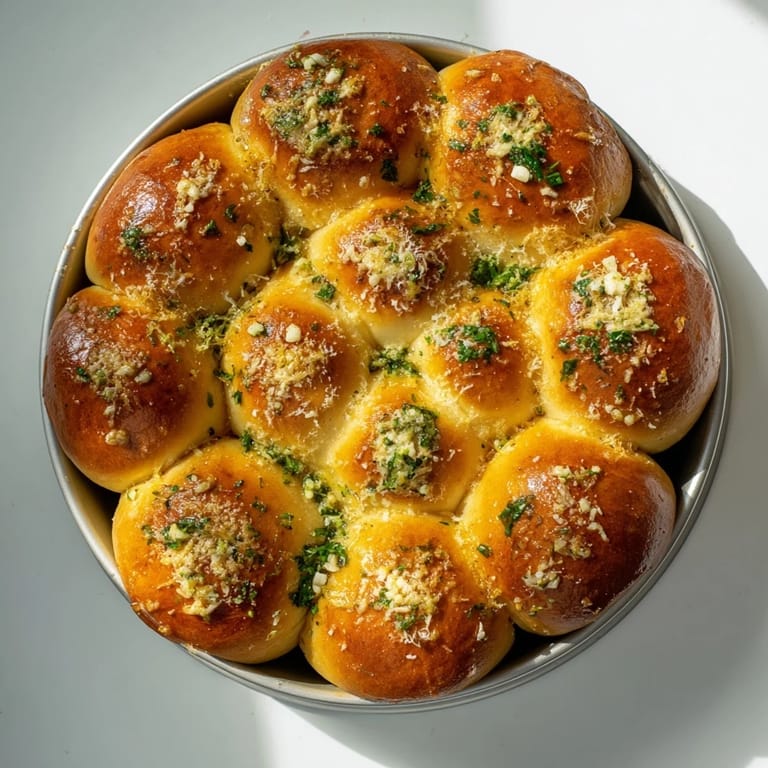 A close-up of a cheesy Garlic Butter Bread Pull-Apart, with melted butter and minced garlic glistening on soft rolls.  